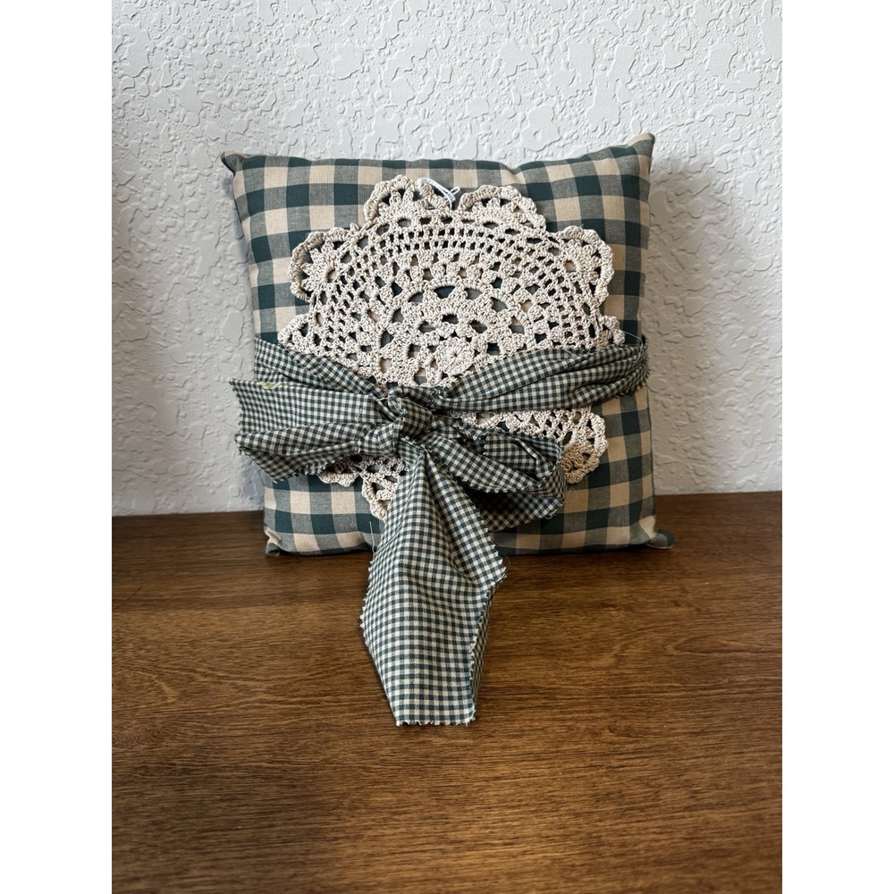 Vintage Handmade Doily Throw Pillow Green Checkered Grandma Cottage Core